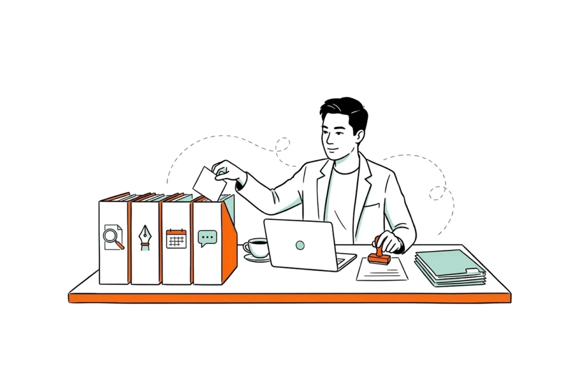 Chuyên gia làm việc độc lập phân loại từng đầu việc vào bốn khay chuyên trách trên bàn và đóng dấu duyệt kết quả