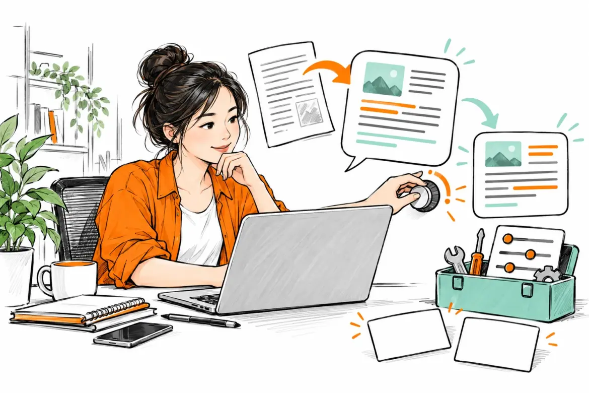 Người làm việc với laptop, tài liệu thật và bộ công cụ để luyện cách dùng ChatGPT
