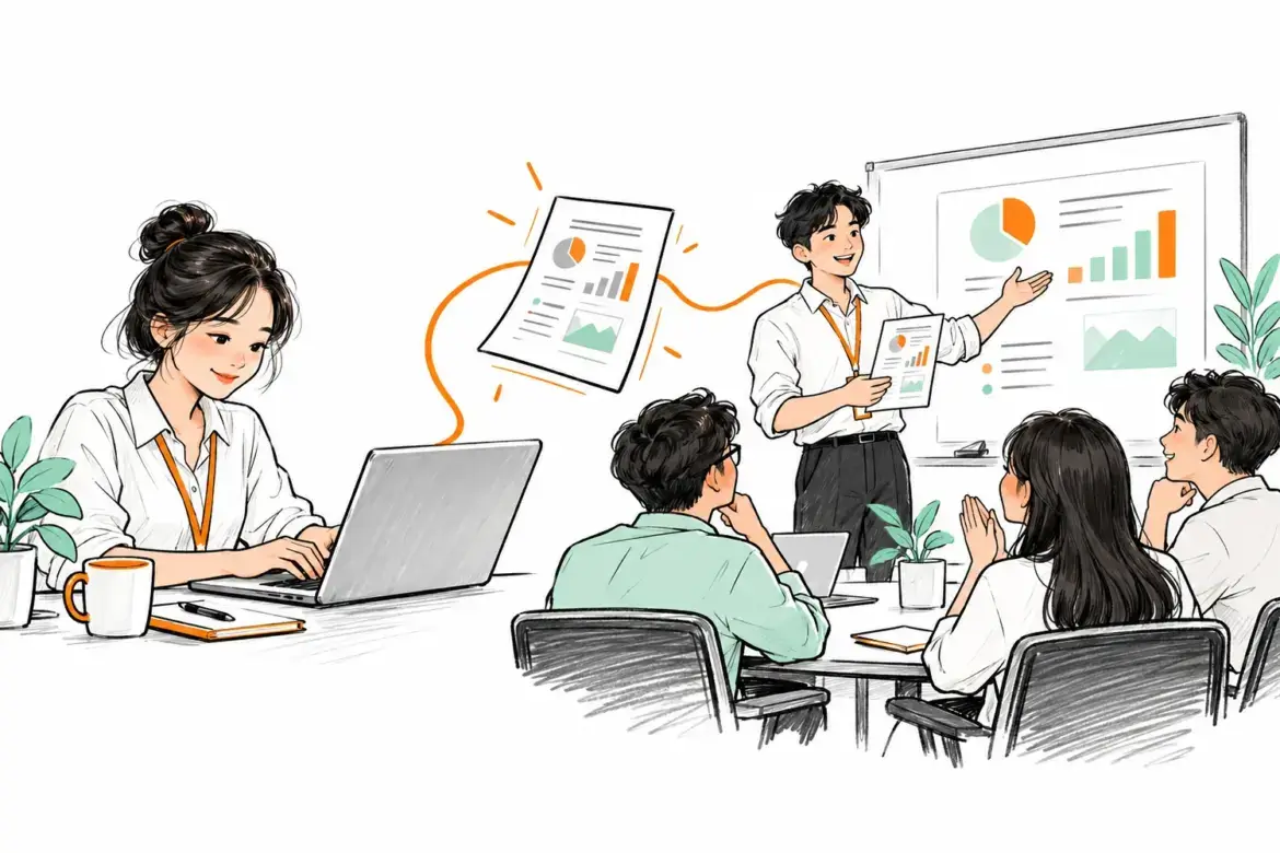Một nhiệm vụ trên laptop được nối với người sử dụng kết quả trong buổi trình bày